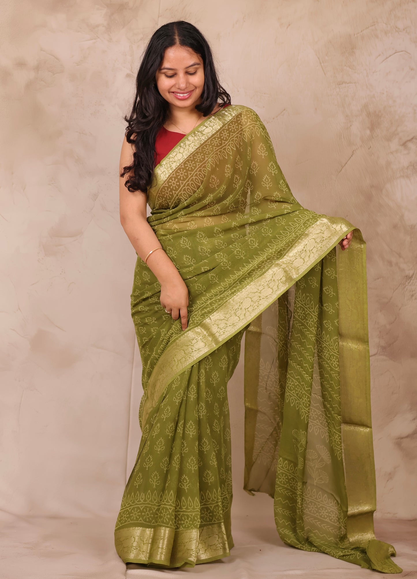 Green Chiffon Hand Block Printed Saree with Jari Border | Looms & Tassels