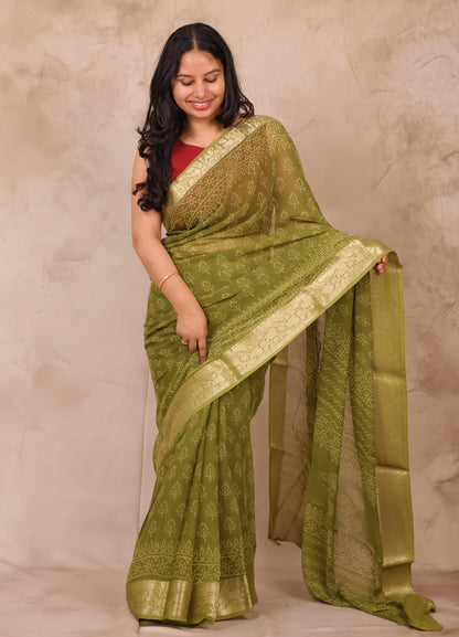 Green Chiffon Hand Block Printed Saree with Jari Border | Looms & Tassels