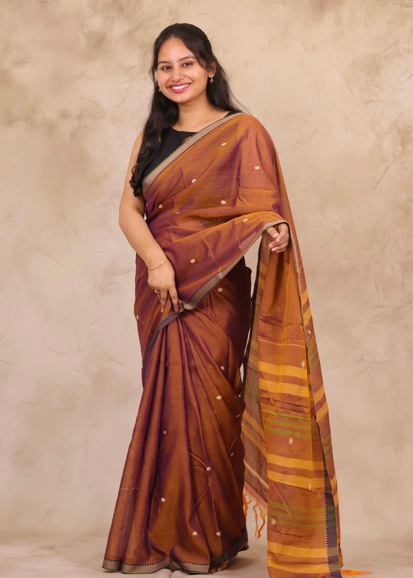 Mustard Narayanpet Cotton Saree With Butta Weaving | Looms & Tassels