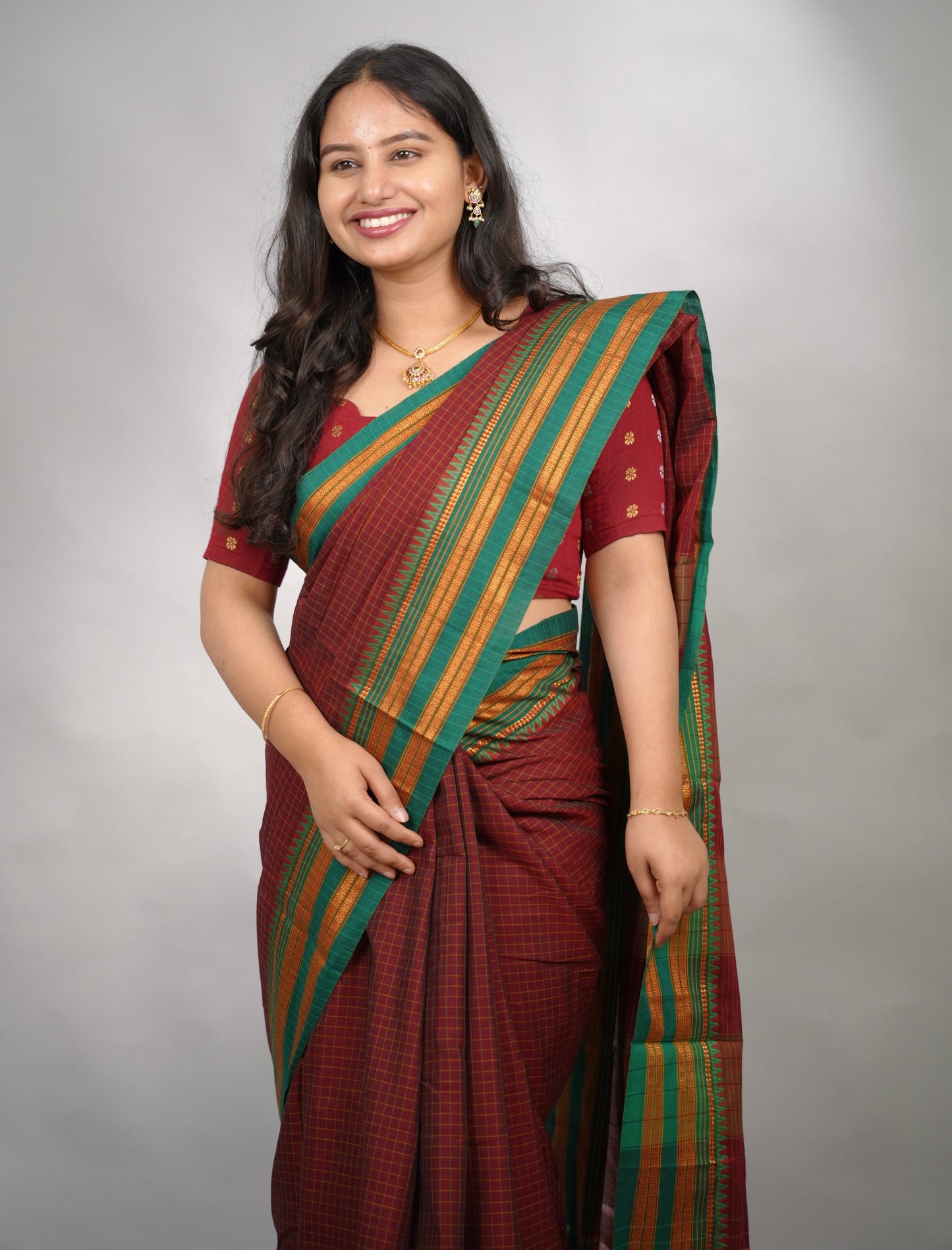 Maroon Checks Narayanpet Cotton Saree with Traditional contrast Border | Looms & Tassels