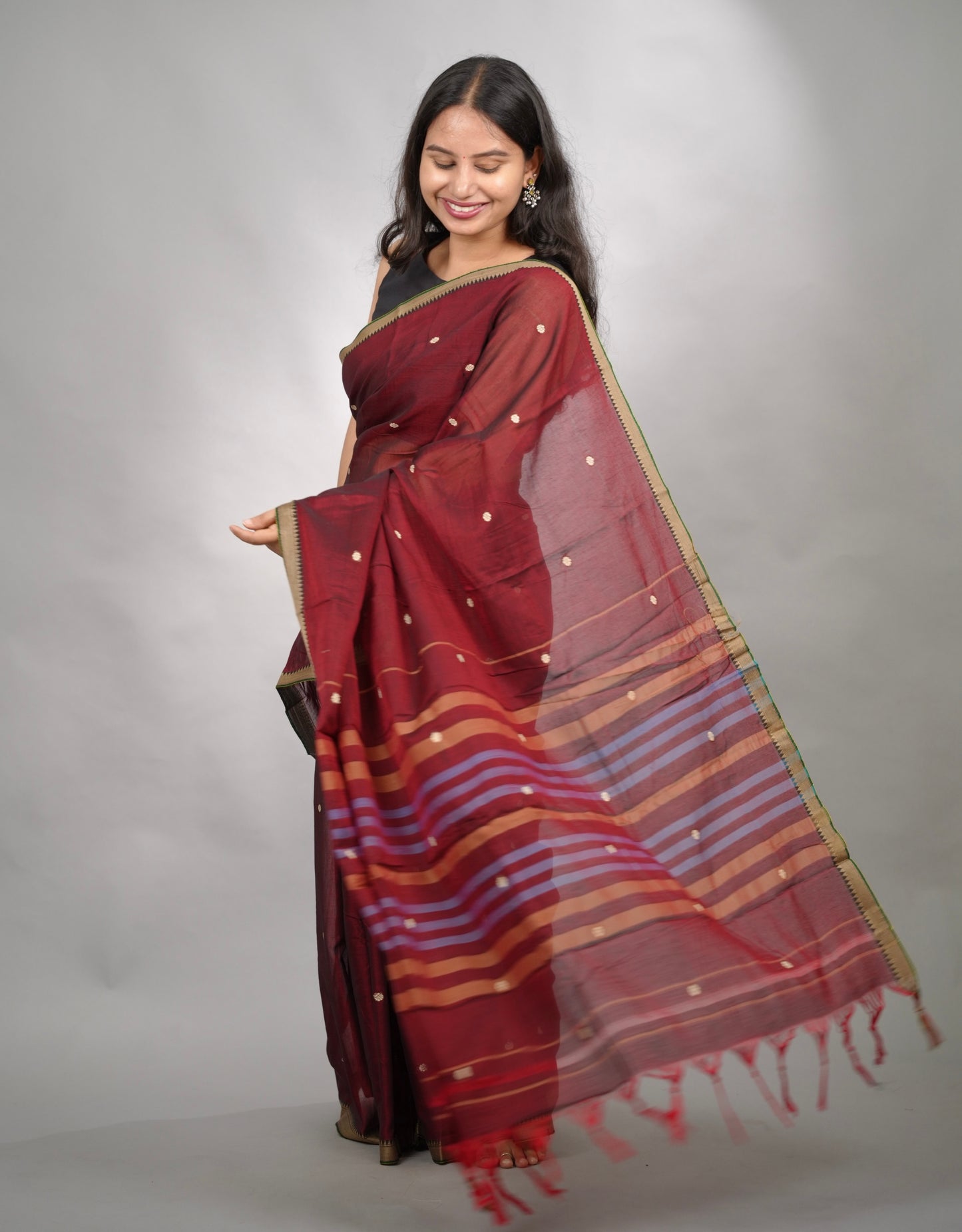Maroon Narayanpet Cotton Saree With Butta Weaving | Looms & Tassels