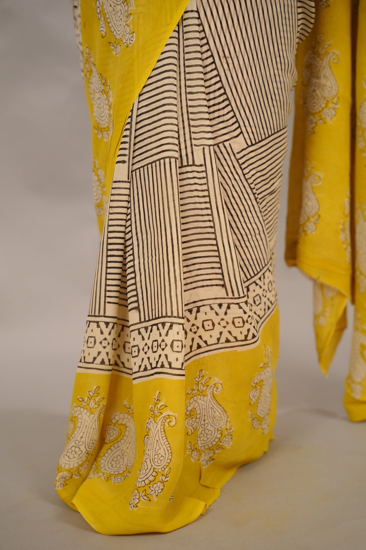 Cream & Yellow Georgette Hand Block Printed Saree| Looms & Tassels