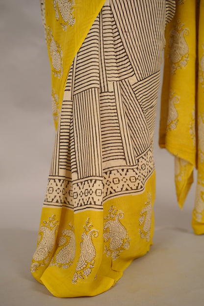 Cream & Yellow Georgette Hand Block Printed Saree| Looms & Tassels