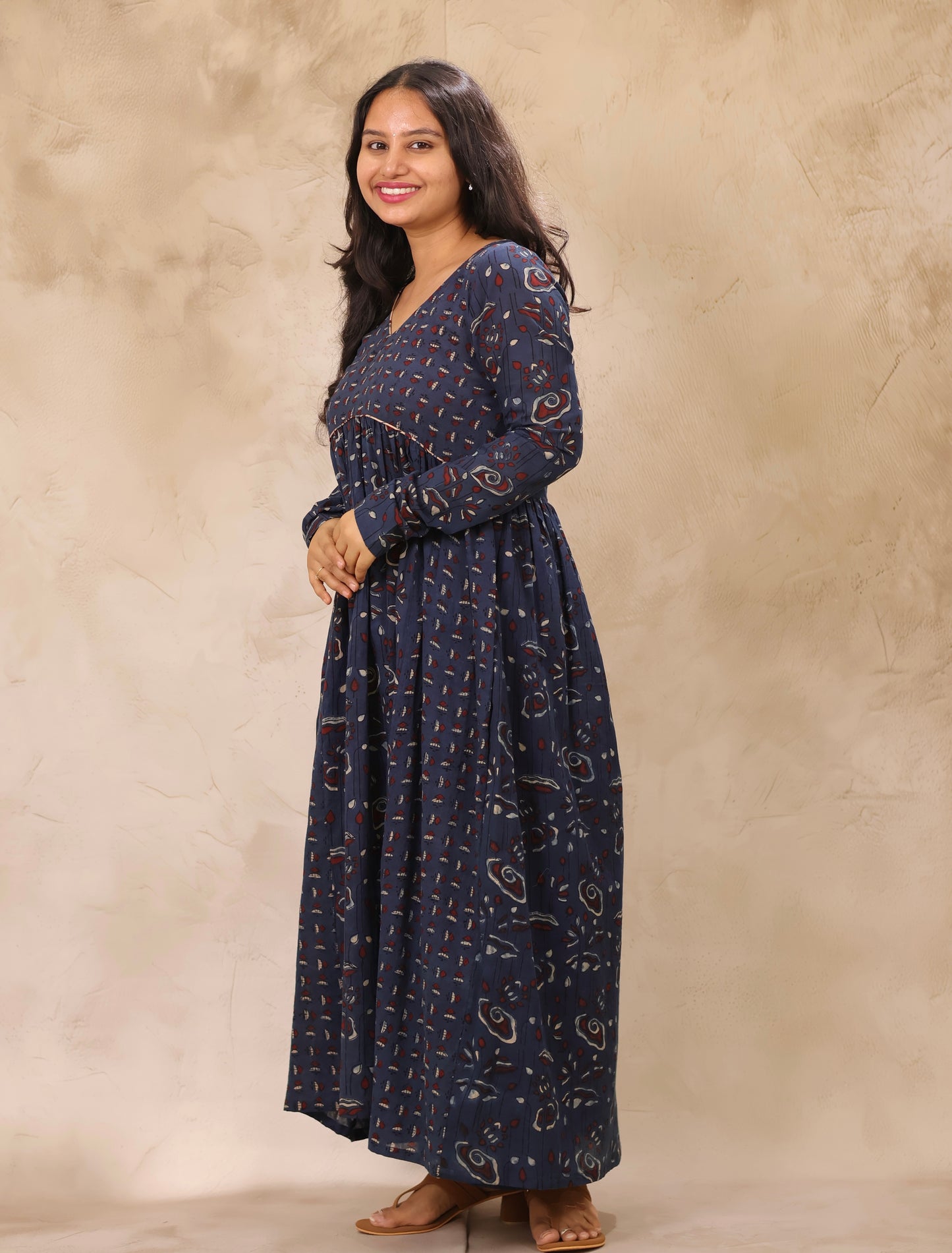 Indigo Ajrakh Hand Block Printed Pure Mul Cotton Aline Kurta | Looms & Tassels