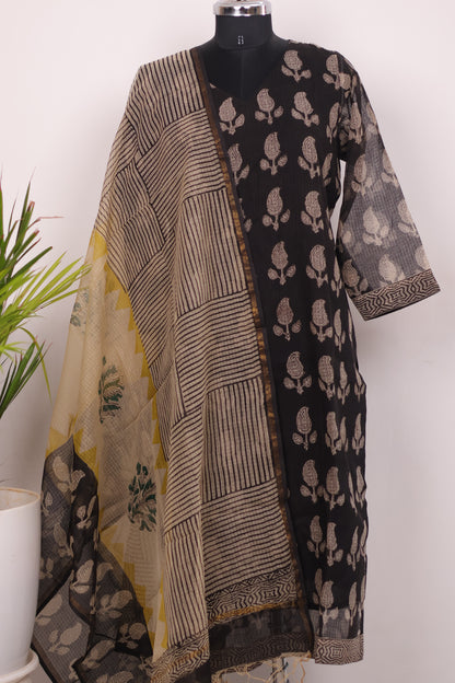 Black Handblock printed kota 3 piece suit (stitched)