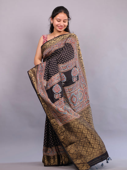Black Polka Dots Ajrakh Handblock printed Dola Silk Saree | Looms & Tassels