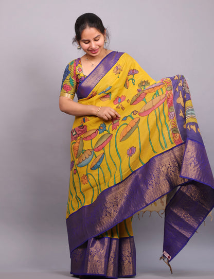 Yellow Hand Painted Pen Kalamkari Silk Saree