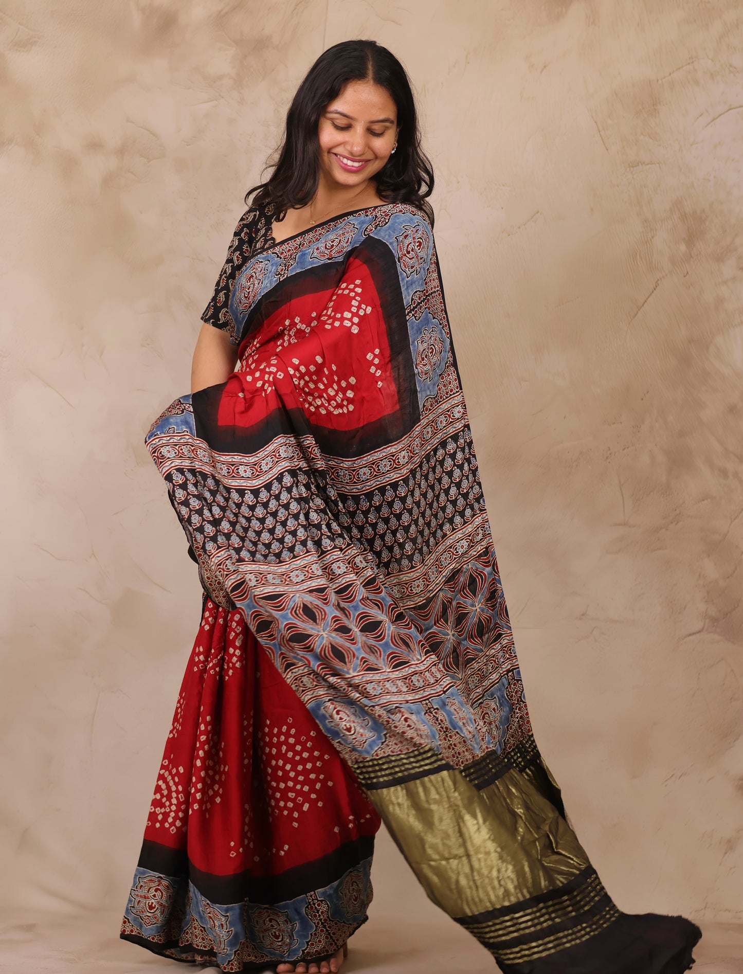Red Hand Knotted Bandhej Arakh Modal Silk Saree with Lagdi Pallu | Looms & Tassels