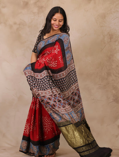 Red Hand Knotted Bandhej Arakh Modal Silk Saree with Lagdi Pallu | Looms & Tassels