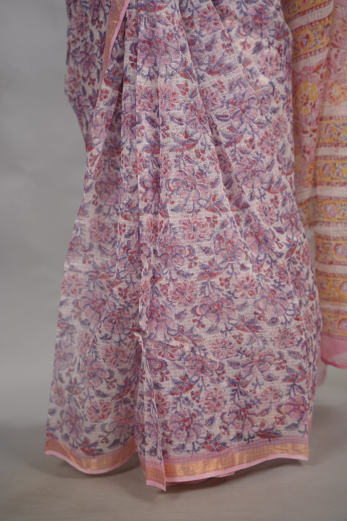 White & Lavender Pure Kota Doria Saree with Bagru Handblock Prints
