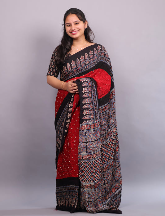 Red Hand Knotted Ajrakh Bandhej Modal Silk Saree | Looms & Tassels