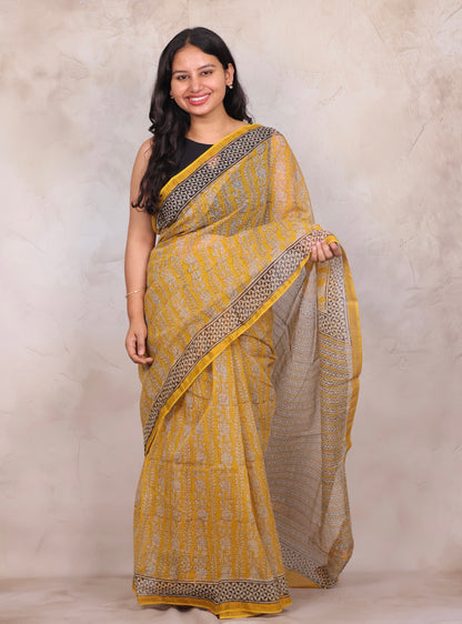 Yellow Pure Kota Doria Saree with Bagru Handblock Prints | Looms & Tassels
