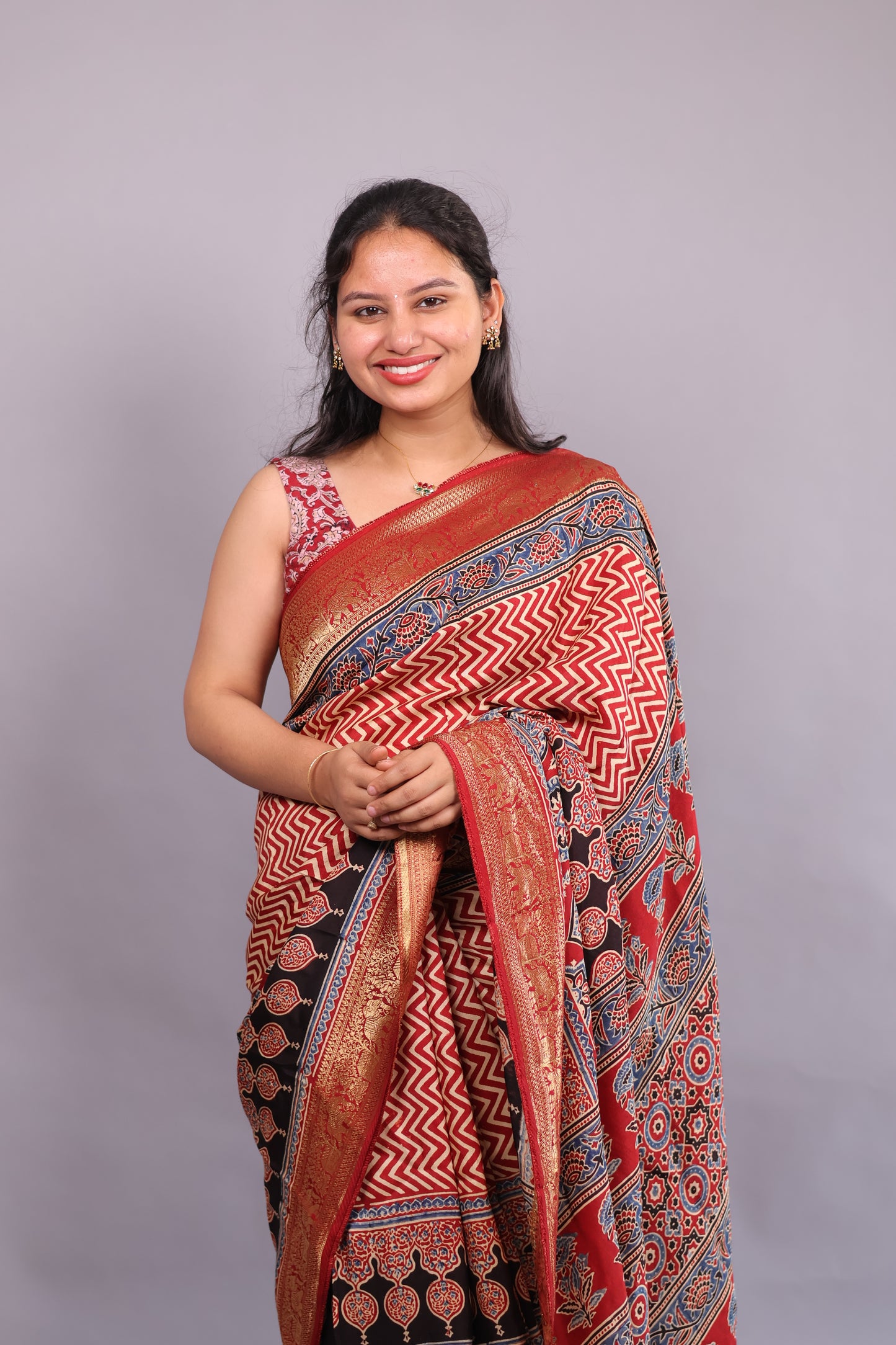 Red Ajrakh Handblock printed Dola Silk Saree | Looms & Tassels