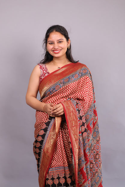 Red Ajrakh Handblock printed Dola Silk Saree | Looms & Tassels