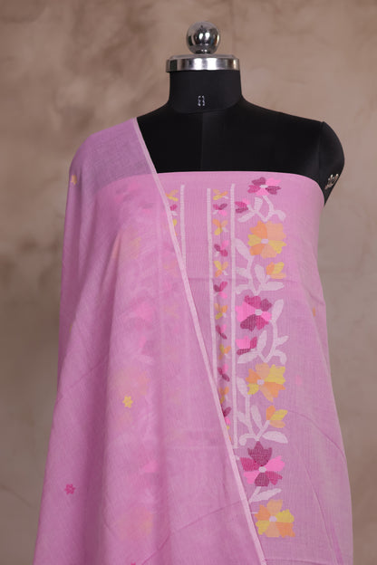 Pastel Pink Handwoven Jamdhani weaving pure Malai cotton 2 piece suit sets | Looms & Tassels