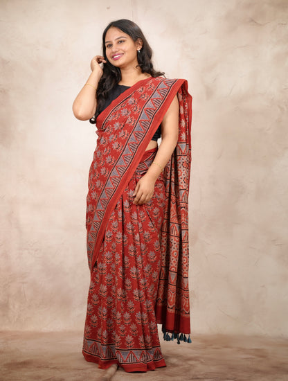 Red Ajrakh Hand Block Printed Cotton Saree | Looms & Tassels