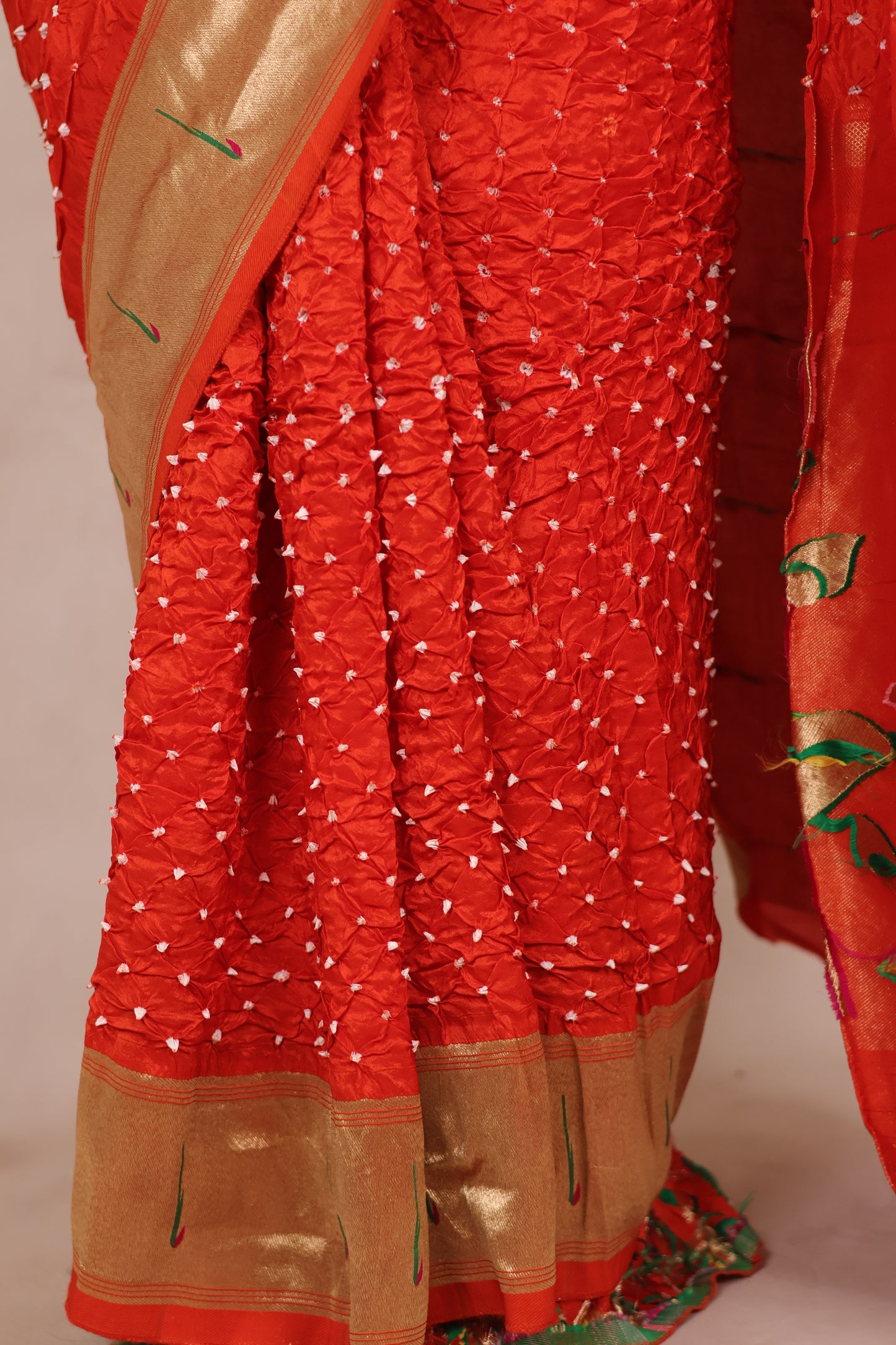 Orange Handcrafted Bandhani Paithani Dola Silk Saree | Looms & Tassels