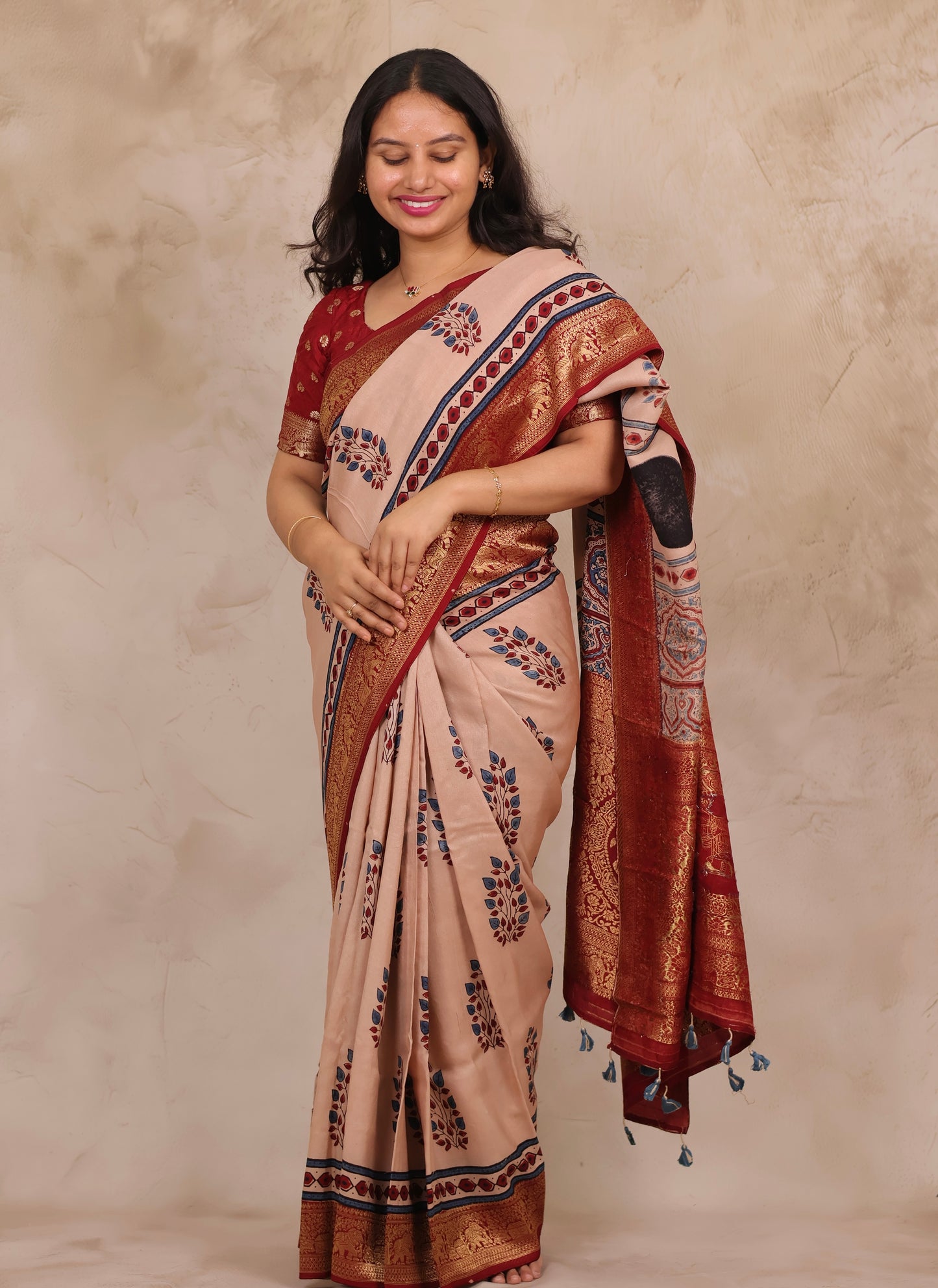 Ajrakh Handblock printed Dola Silk Saree | Looms & Tassels