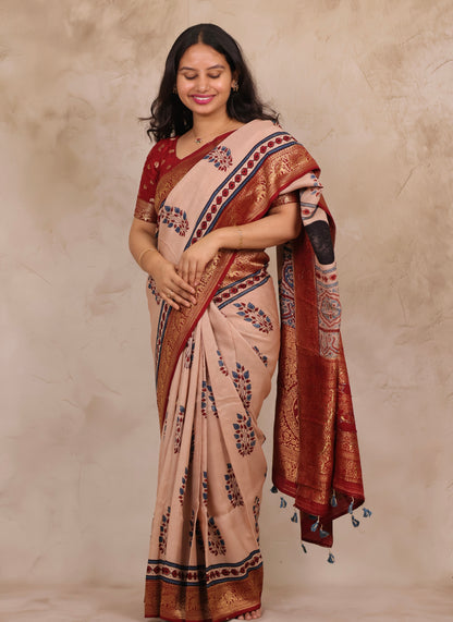 Ajrakh Handblock printed Dola Silk Saree | Looms & Tassels