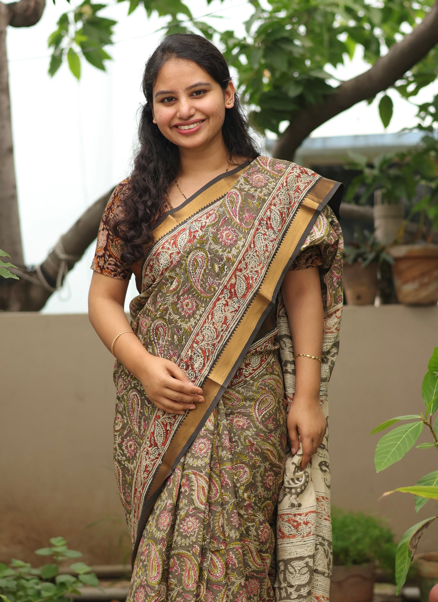 Grey Hand Block Printed Kalamkari Nizam Border Silk Sare