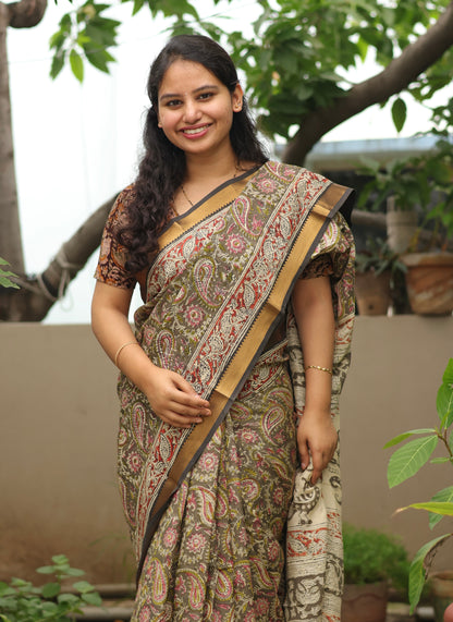 Grey Hand Block Printed Kalamkari Nizam Border Silk Sare