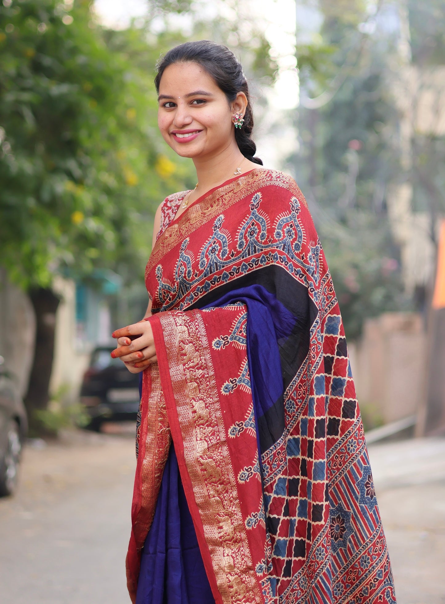 Ajrakh Dola Silk Saree