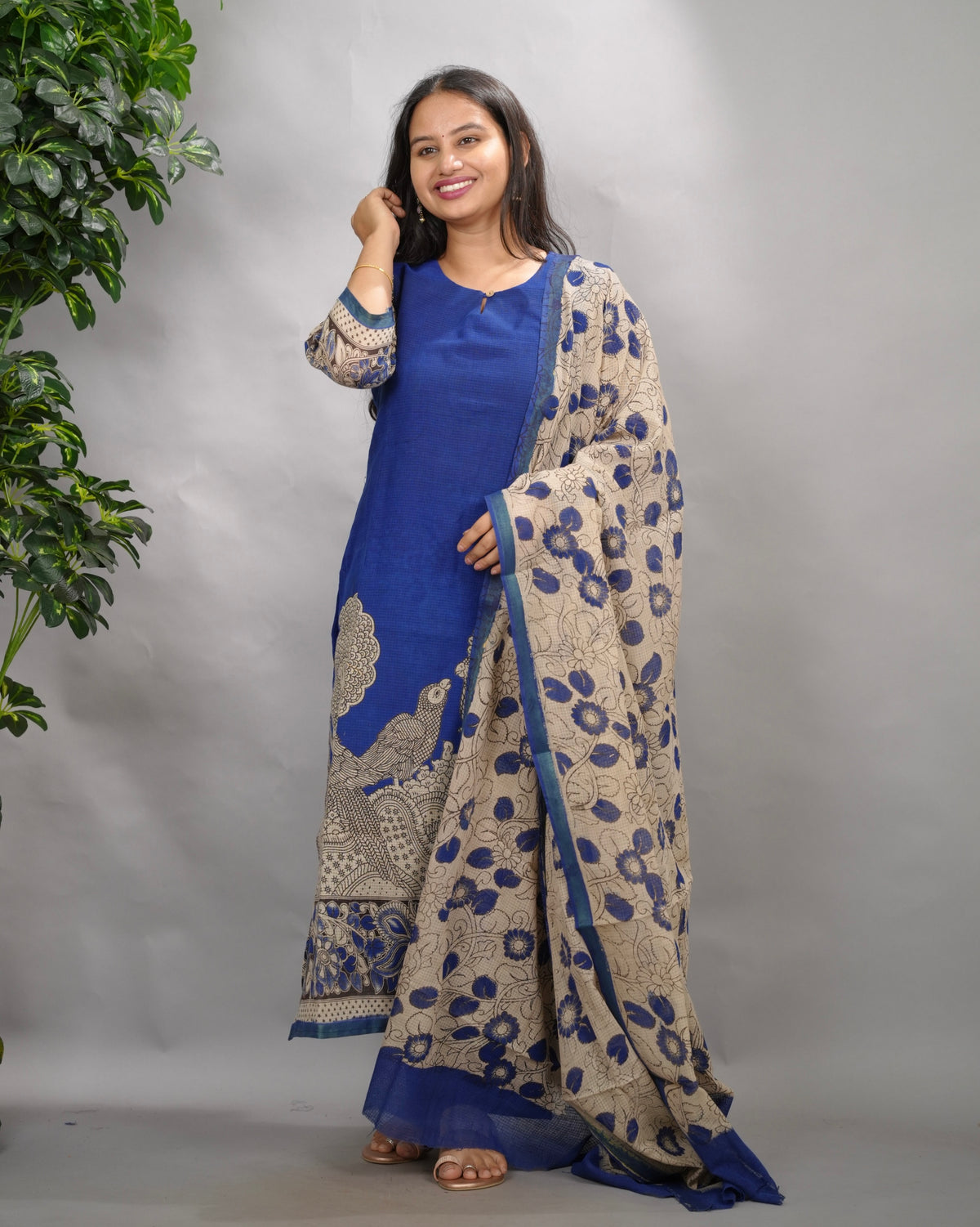 Blue Kalamkari Kota Cotton 3 piece suit (stitched) | Looms & Tassels