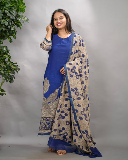 Blue Kalamkari Kota Cotton 3 piece suit (stitched) | Looms & Tassels