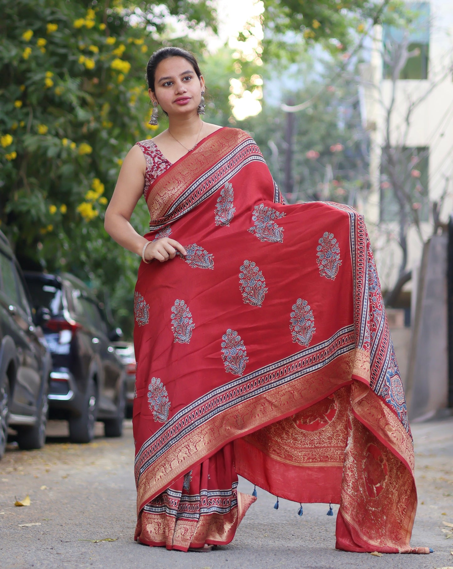 Red Ajrakh Dola Silk Saree