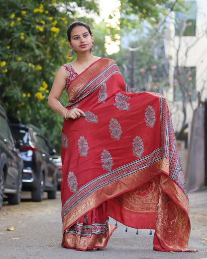 Red Ajrakh Dola Silk Saree