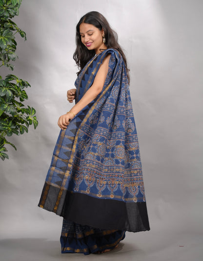 Indigo Ajrakh Hand Block Printed Sungudi Cotton Saree | Looms & Tassels