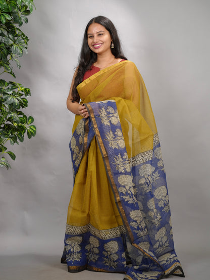 Mustard and Blue Pure Kota Doria Saree with Bagru Handblock Prints