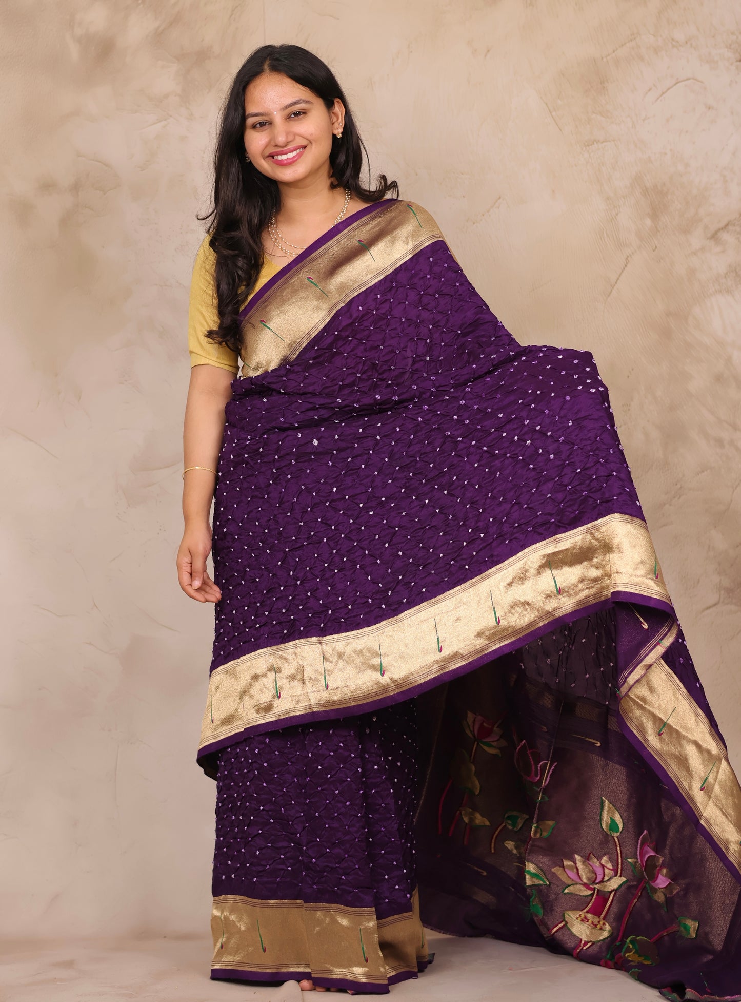 Purple Handcrafted Bandhani Paithani Dola Silk Saree | Looms & Tassels