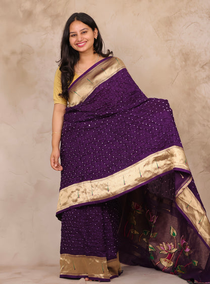 Purple Handcrafted Bandhani Paithani Dola Silk Saree | Looms & Tassels