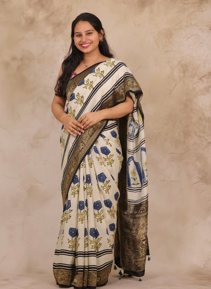 Off White Floral Ajrakh Handblock printed Dola Silk Saree | Looms & Tassels