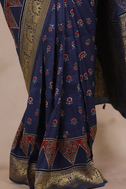Indigo Floral Ajrakh Handblock printed Dola Silk Saree | Looms & Tassels