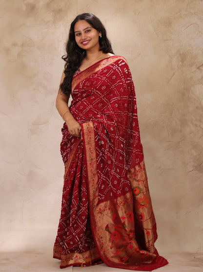 Deep Maroon Handcrafted Bandhani Paithani Dola Silk Saree | Looms & Tassels