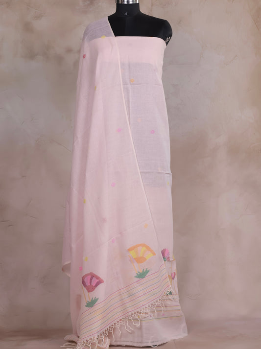 Baby Pink Handwoven Jamdhani weaving pure Malai cotton 2 piece suit sets | Looms & Tassels