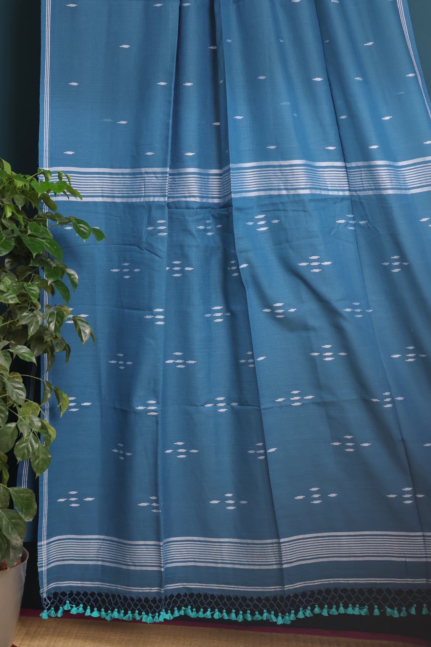 Blue Pure Handwoven Malai Cotton Saree with Butta Weaving