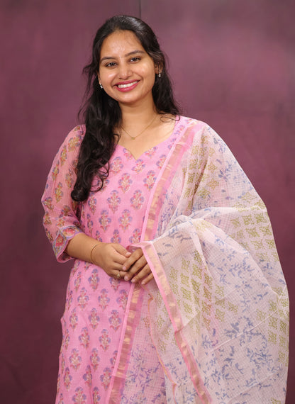 Pink Handblock printed kota 3 piece suit (stitched)