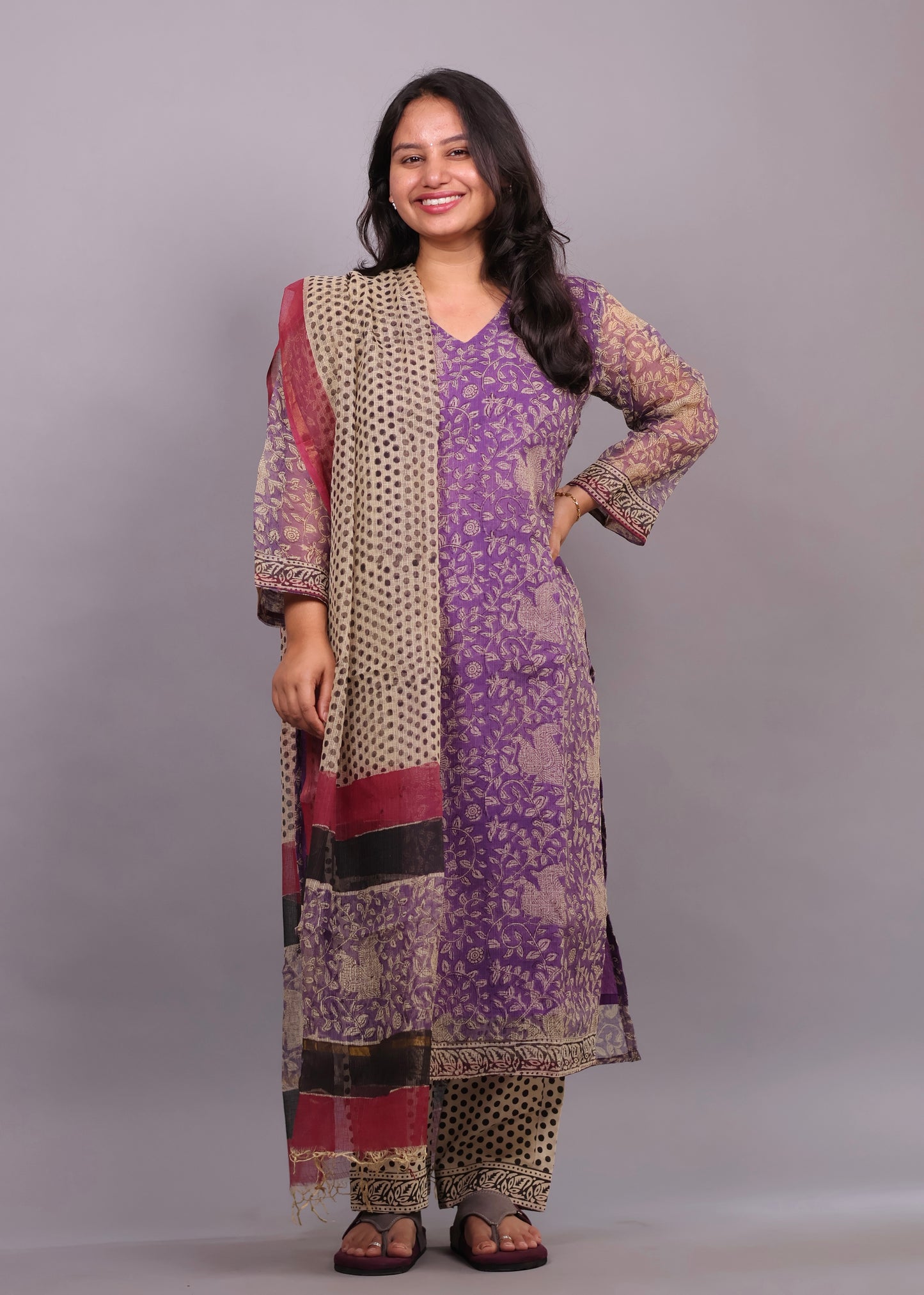 Lavender Handblock printed kota 3 piece suit (stitched)