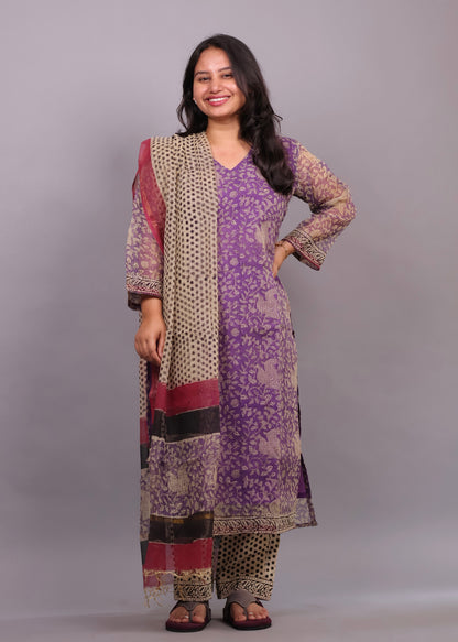 Lavender Handblock printed kota 3 piece suit (stitched)