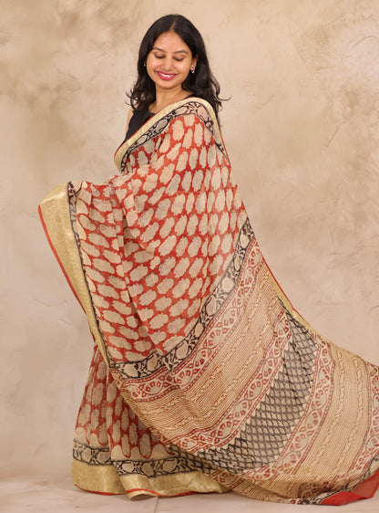 Maroon Chiffon Hand Block Printed Saree with Jari Border | Looms & Tassels