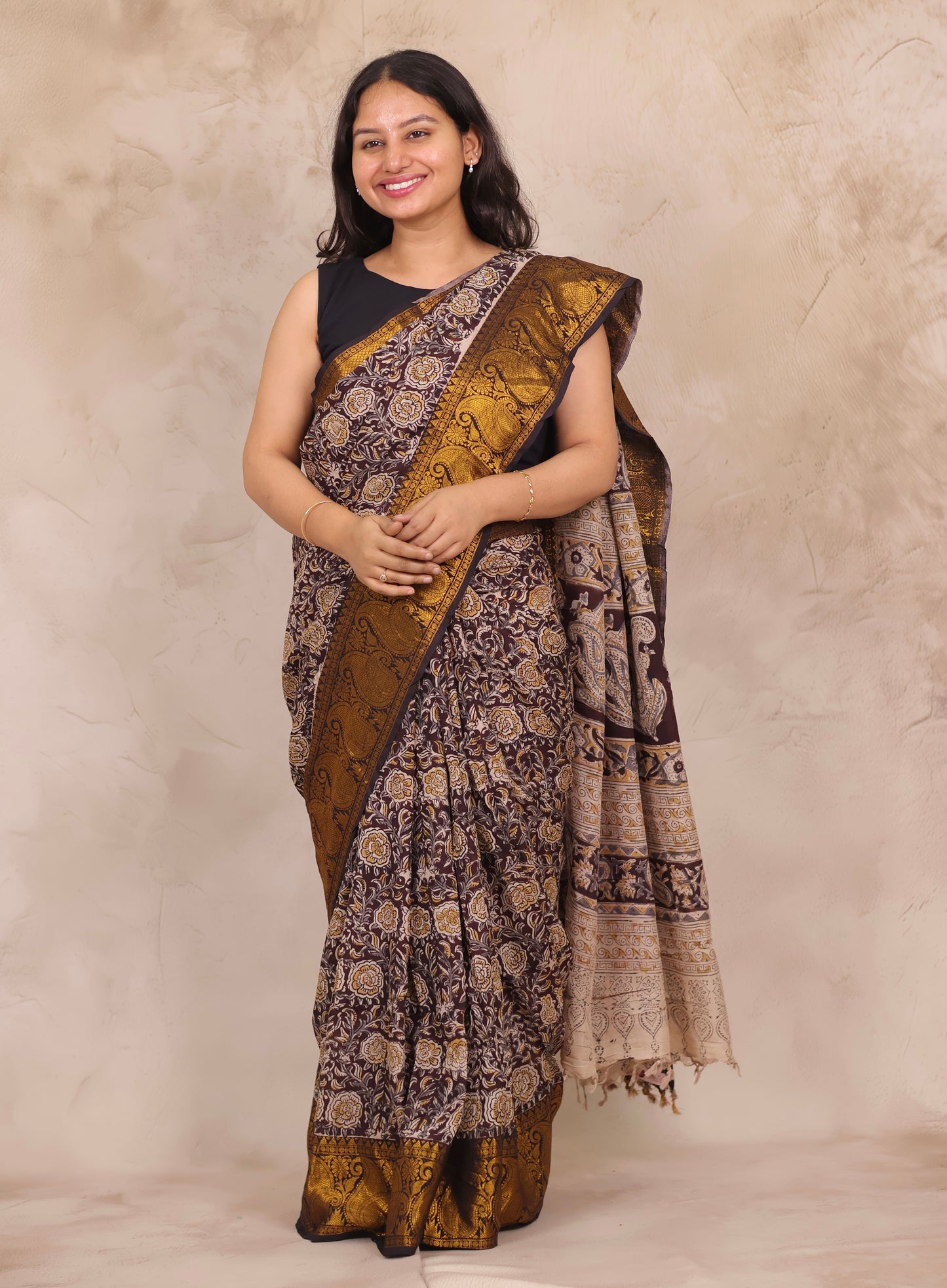 Hand Block Printed Kalamkari Kanchi Border Silk Saree