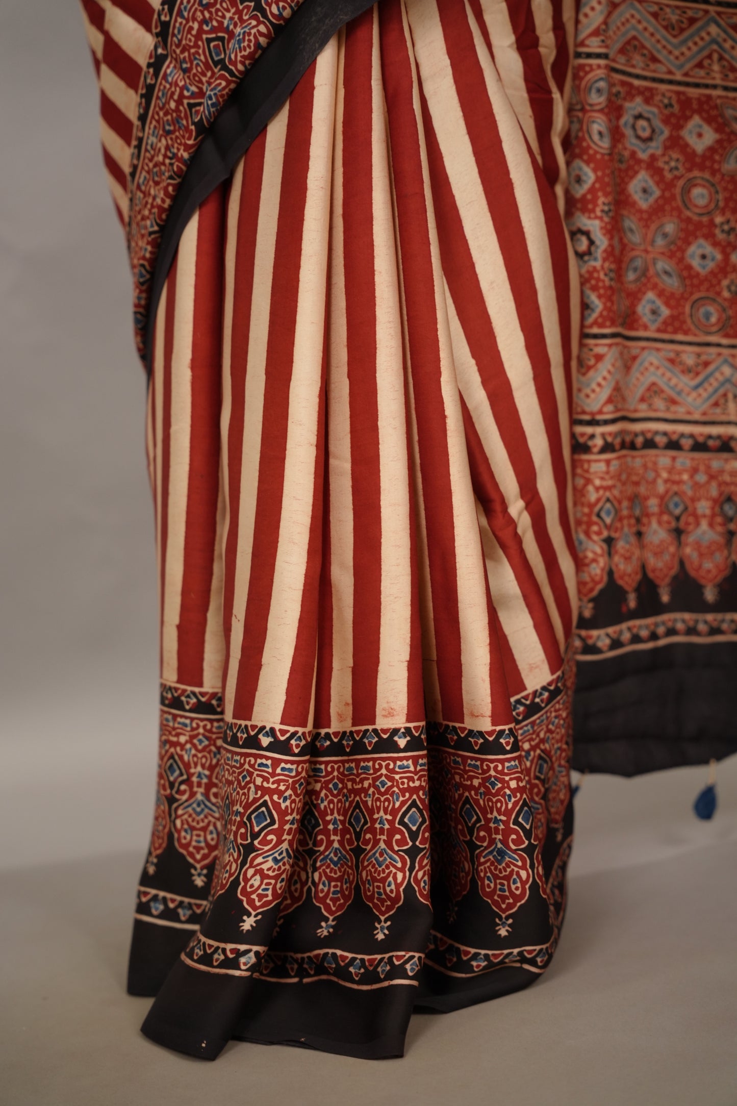 Authentic Red And Cream Stripes Ajrakh Handblock Printed Modal Silk Saree | Looms & Tassels