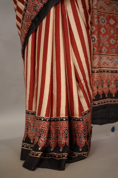 Authentic Red And Cream Stripes Ajrakh Handblock Printed Modal Silk Saree | Looms & Tassels