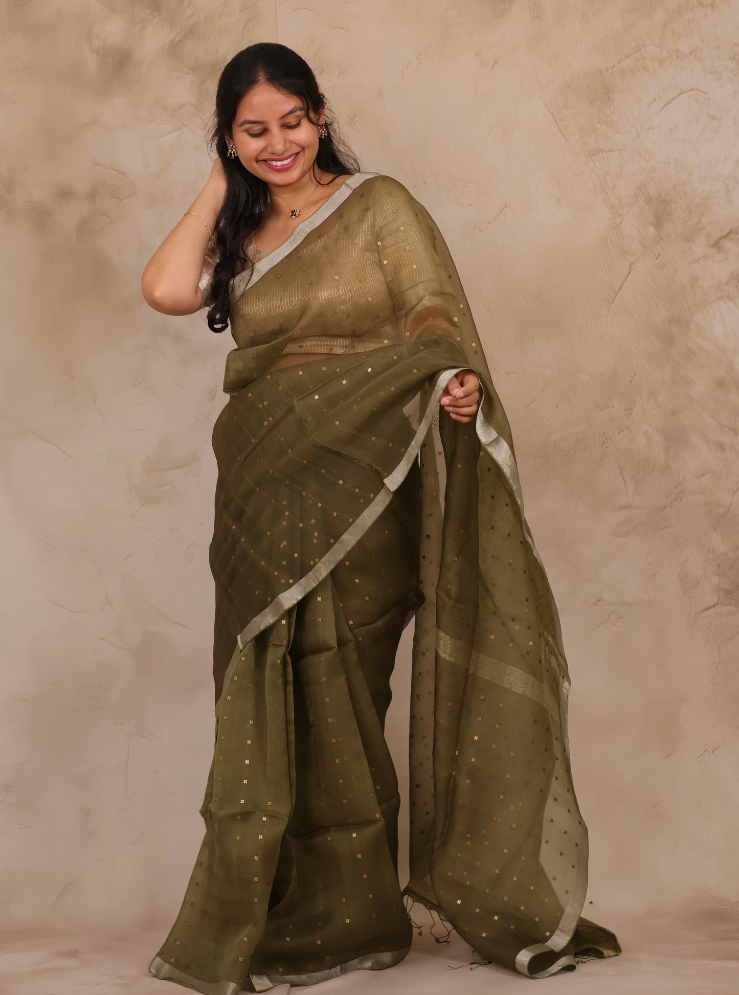 Olive Green Handwoven Muslin Silk Saree With Sequence Work | Looms & Tassels