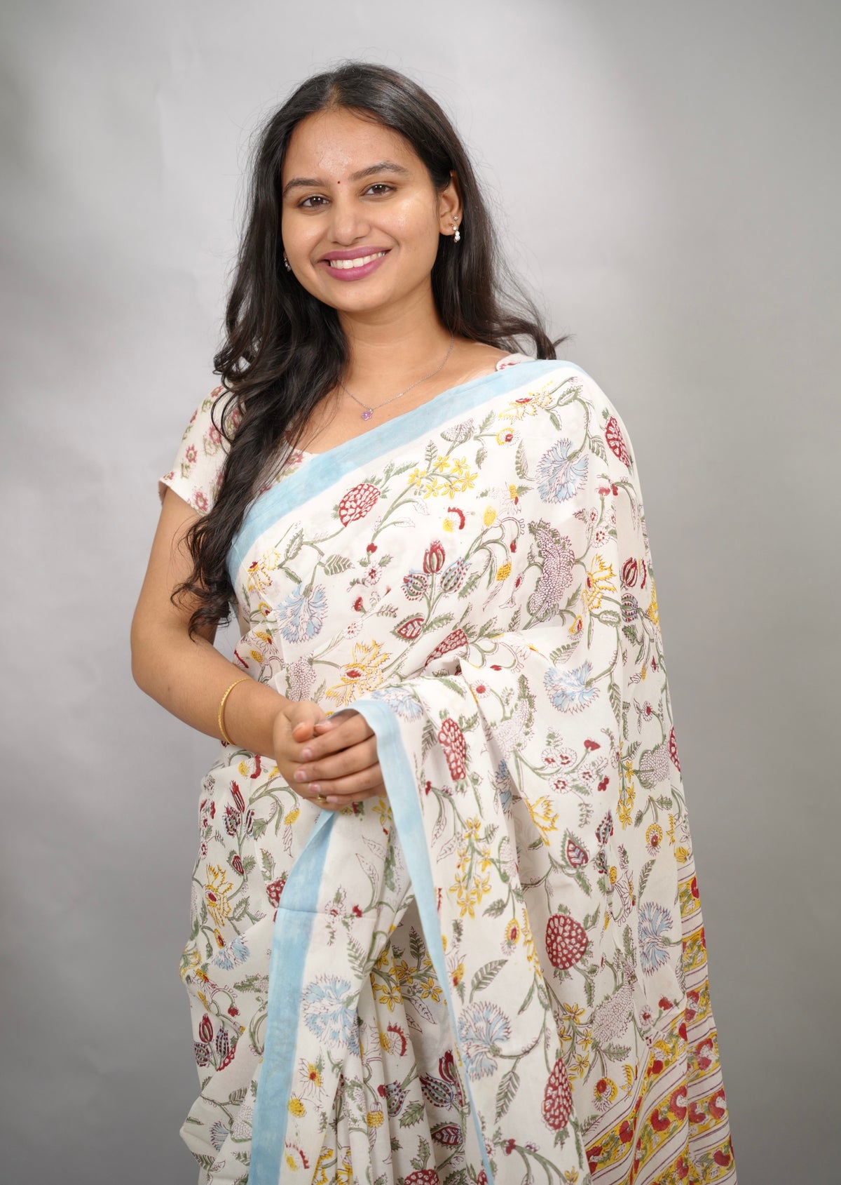 Off White Georgette Hand Block Printed Saree| Looms & Tassels