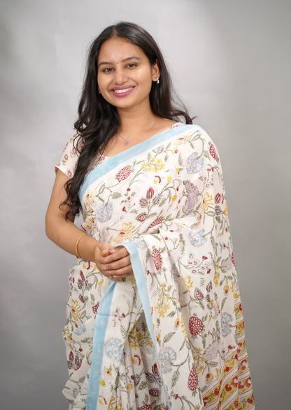 Off White Georgette Hand Block Printed Saree| Looms & Tassels
