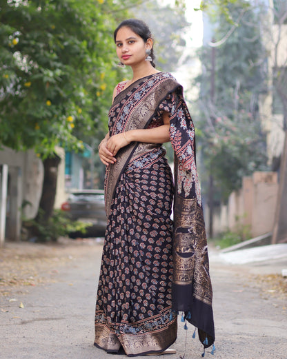 Black Ajrakh Dola Silk Saree